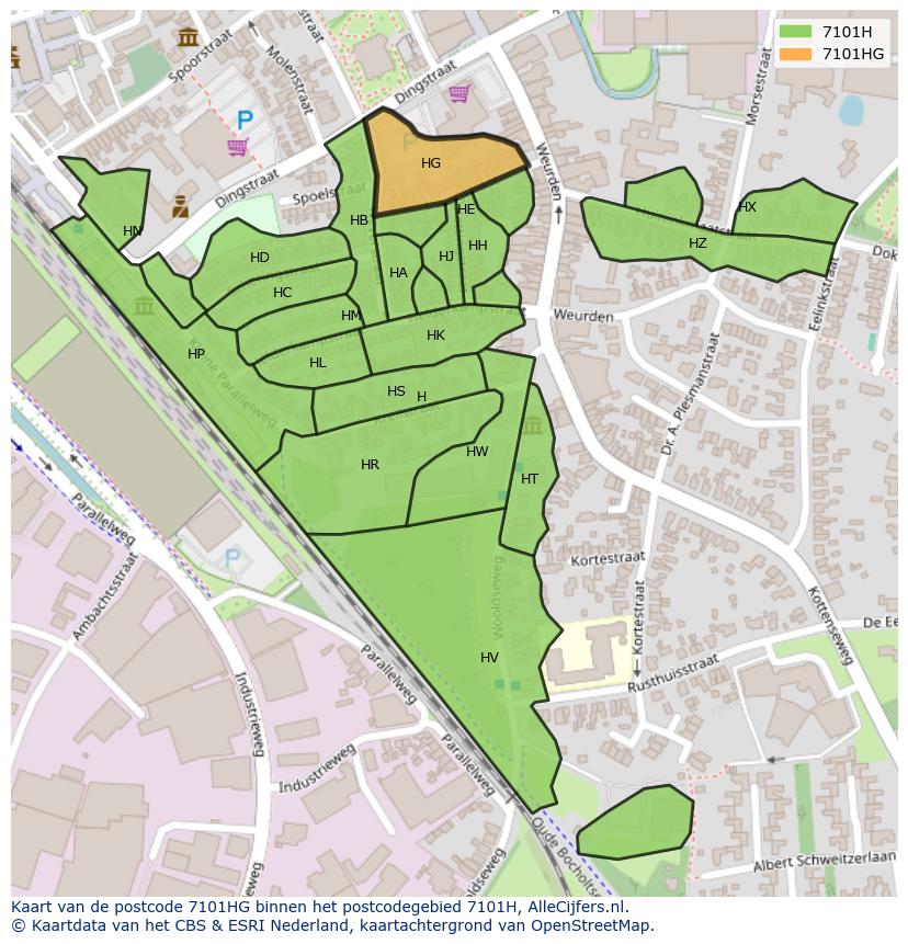 Afbeelding van het postcodegebied 7101 HG op de kaart.