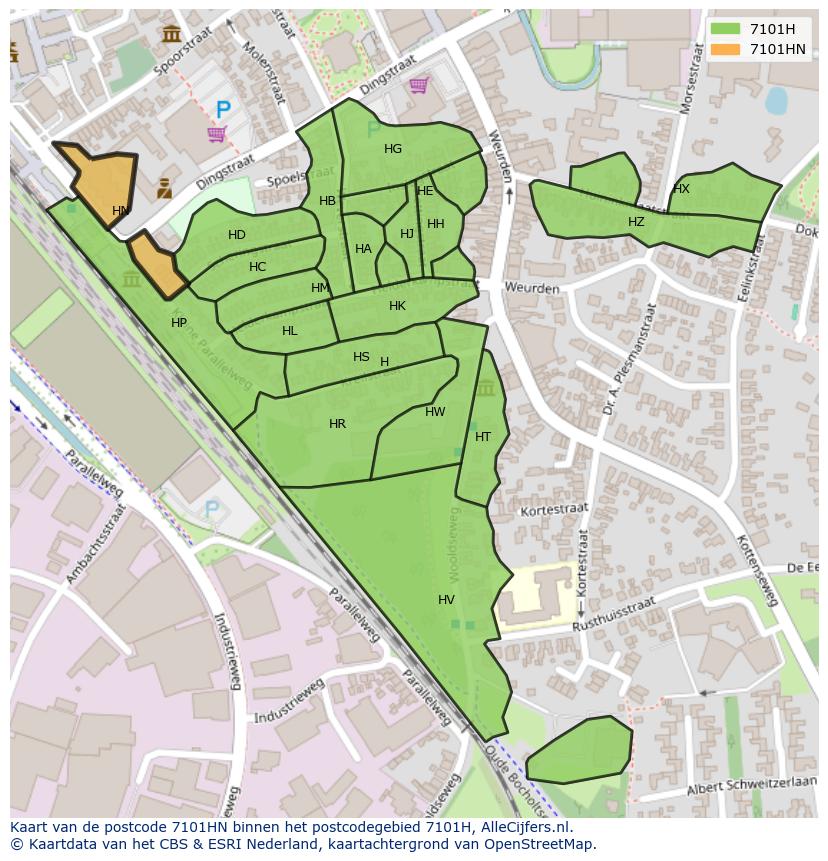 Afbeelding van het postcodegebied 7101 HN op de kaart.