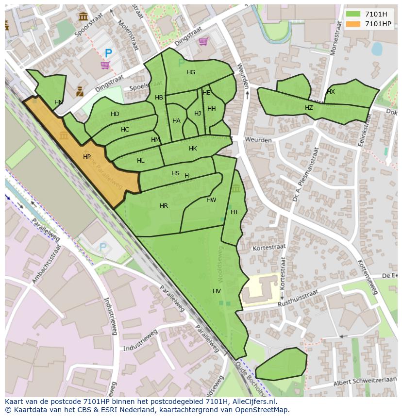 Afbeelding van het postcodegebied 7101 HP op de kaart.