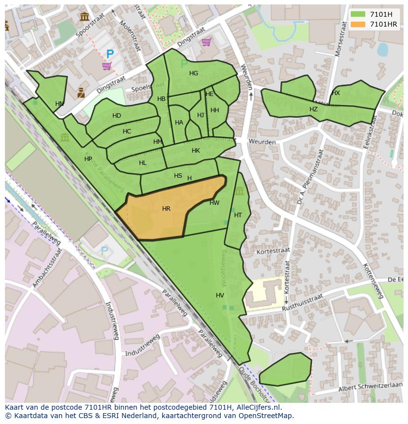 Afbeelding van het postcodegebied 7101 HR op de kaart.
