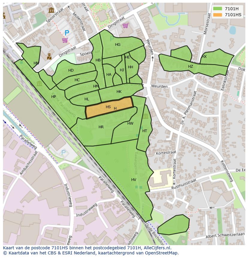Afbeelding van het postcodegebied 7101 HS op de kaart.