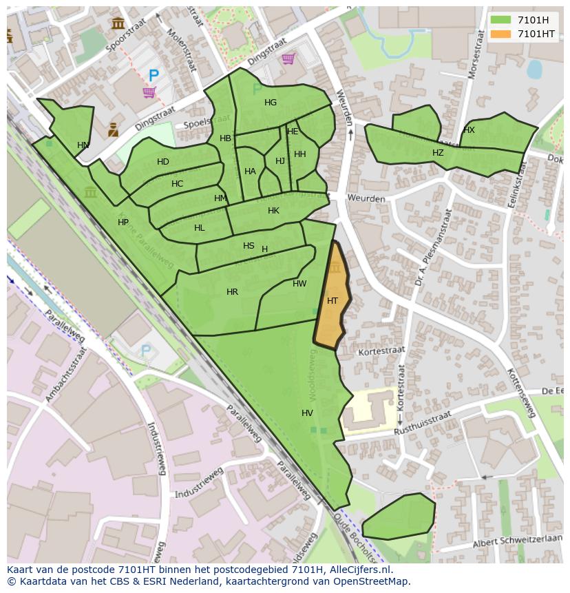 Afbeelding van het postcodegebied 7101 HT op de kaart.