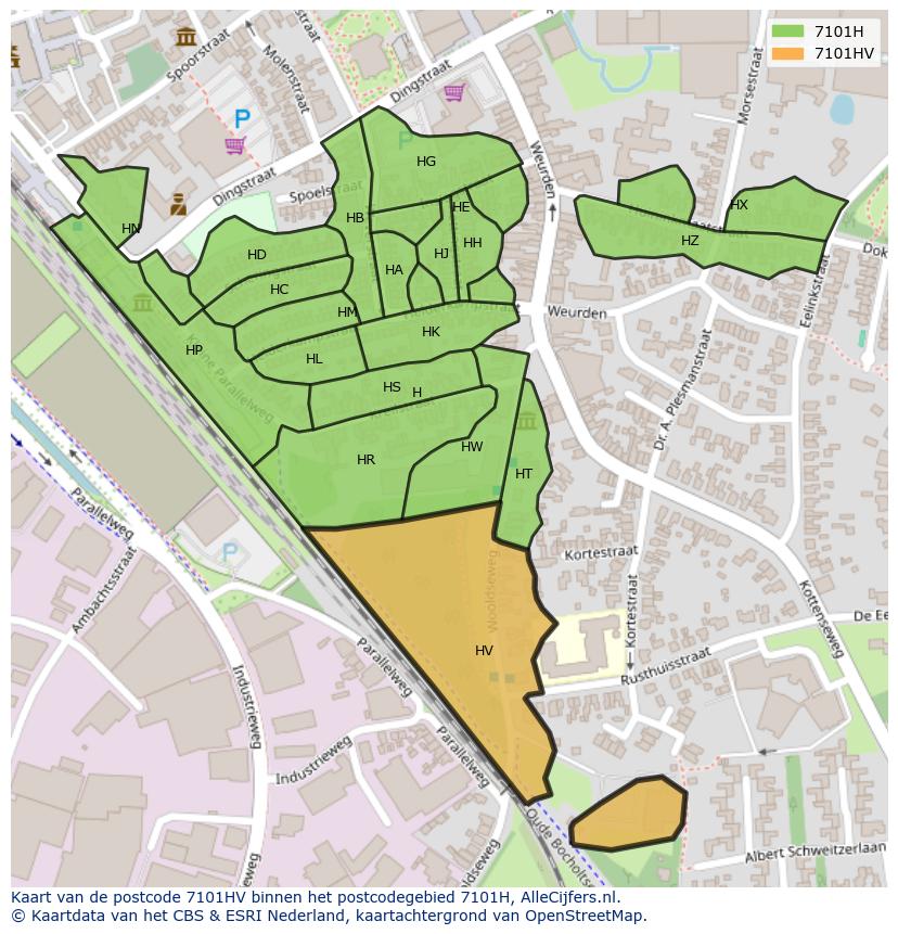 Afbeelding van het postcodegebied 7101 HV op de kaart.