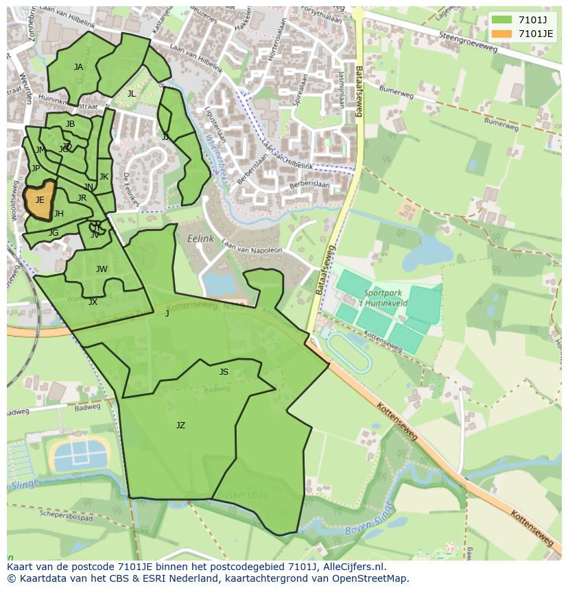 Afbeelding van het postcodegebied 7101 JE op de kaart.