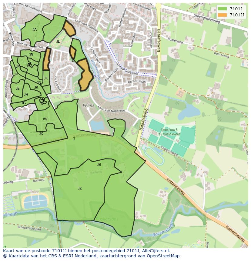 Afbeelding van het postcodegebied 7101 JJ op de kaart.