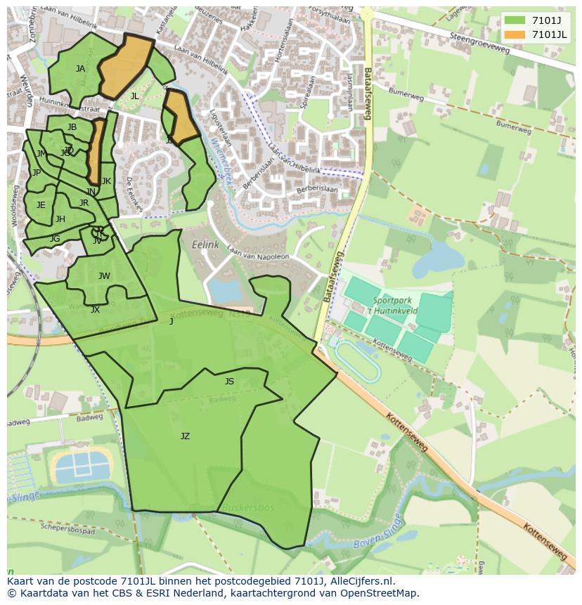 Afbeelding van het postcodegebied 7101 JL op de kaart.