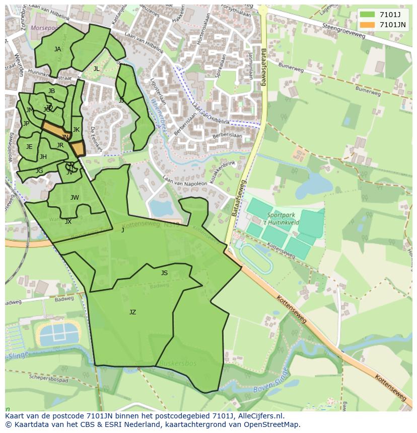 Afbeelding van het postcodegebied 7101 JN op de kaart.