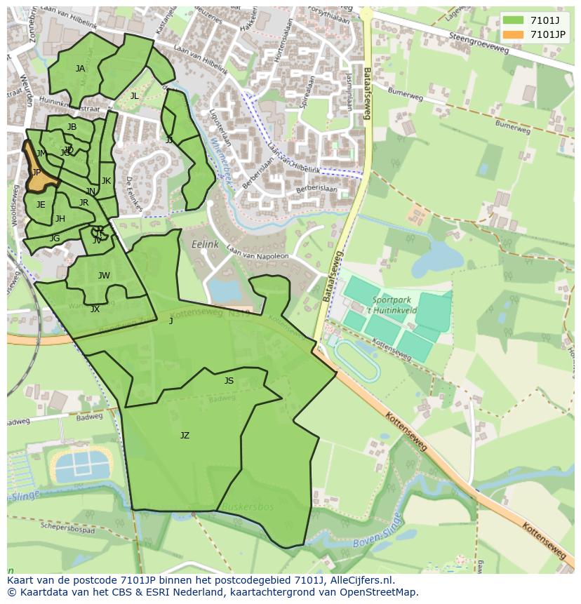 Afbeelding van het postcodegebied 7101 JP op de kaart.