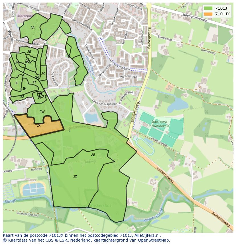 Afbeelding van het postcodegebied 7101 JX op de kaart.