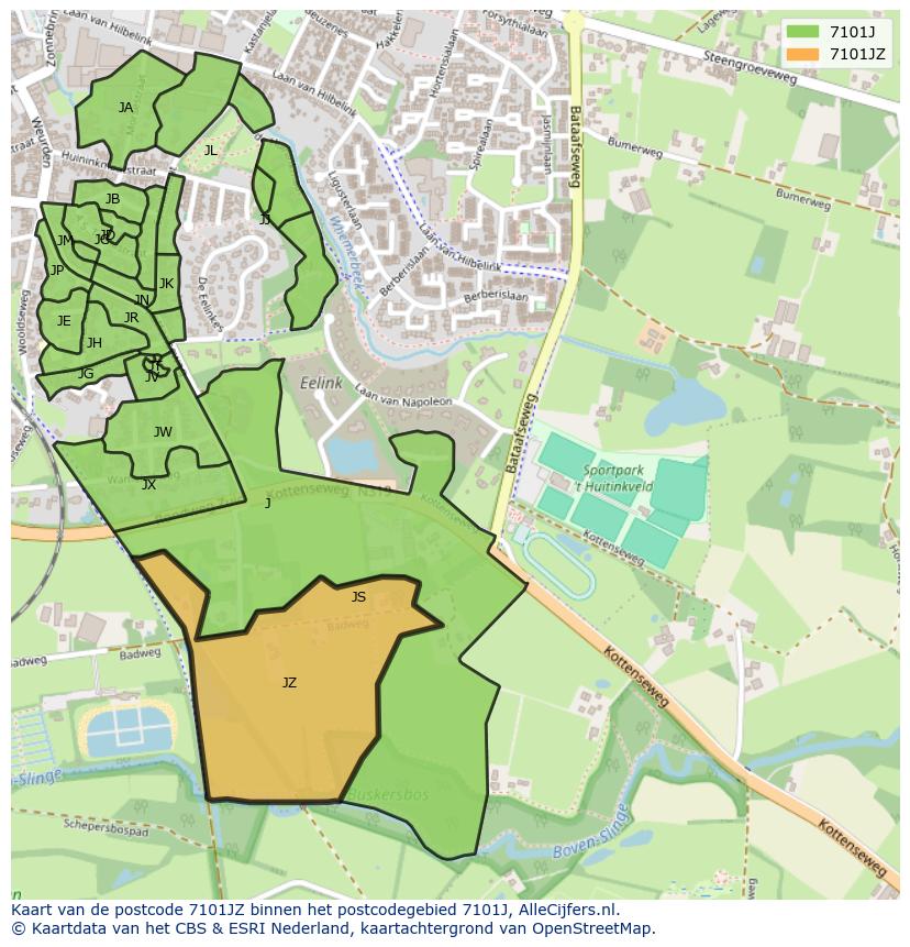 Afbeelding van het postcodegebied 7101 JZ op de kaart.