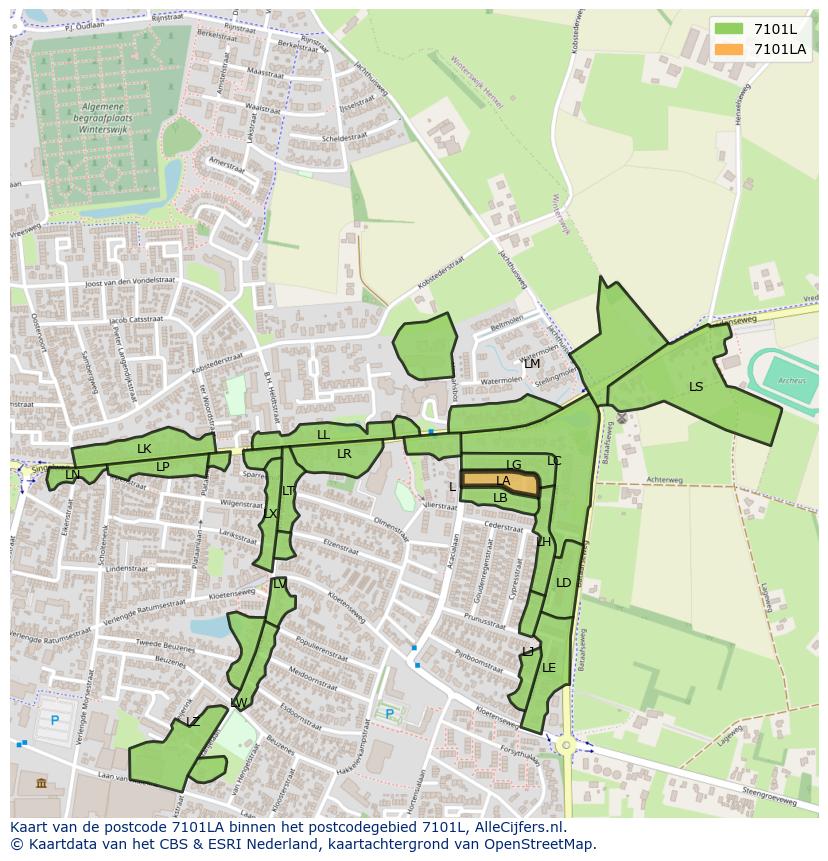 Afbeelding van het postcodegebied 7101 LA op de kaart.