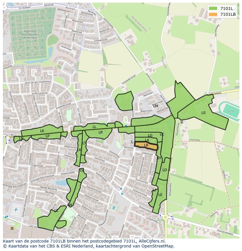 Afbeelding van het postcodegebied 7101 LB op de kaart.