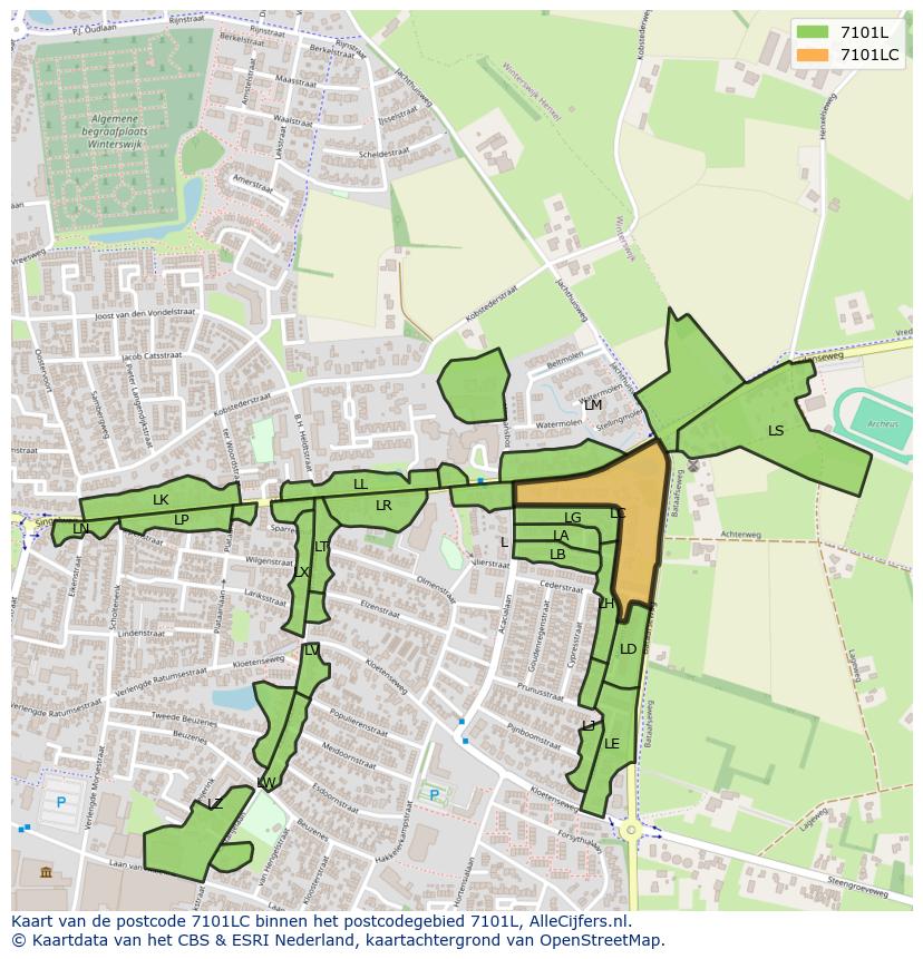 Afbeelding van het postcodegebied 7101 LC op de kaart.