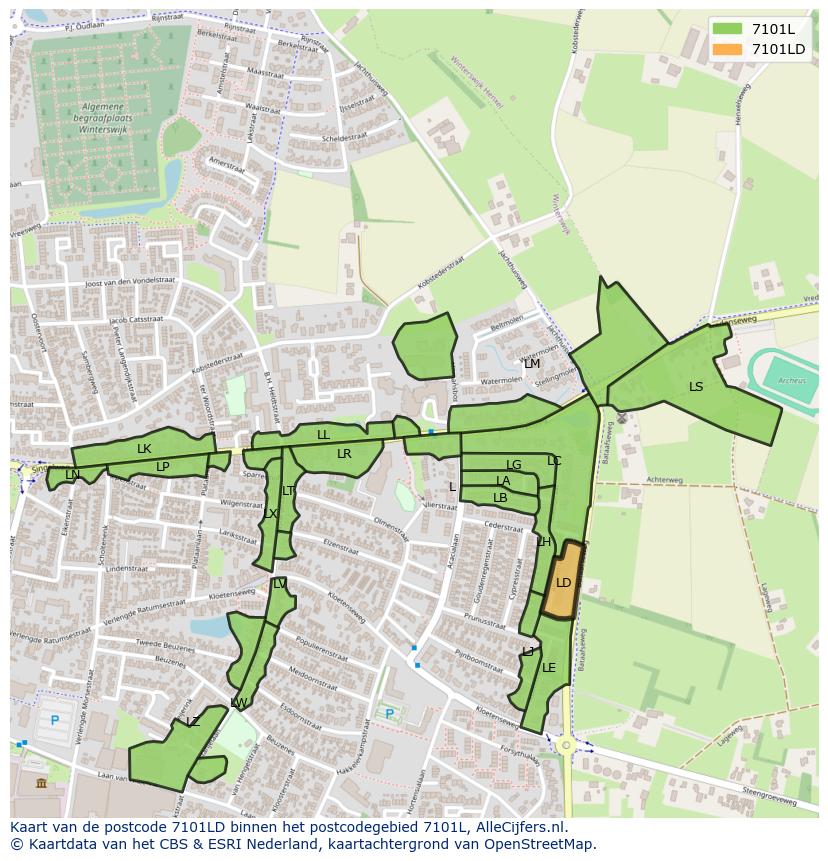 Afbeelding van het postcodegebied 7101 LD op de kaart.