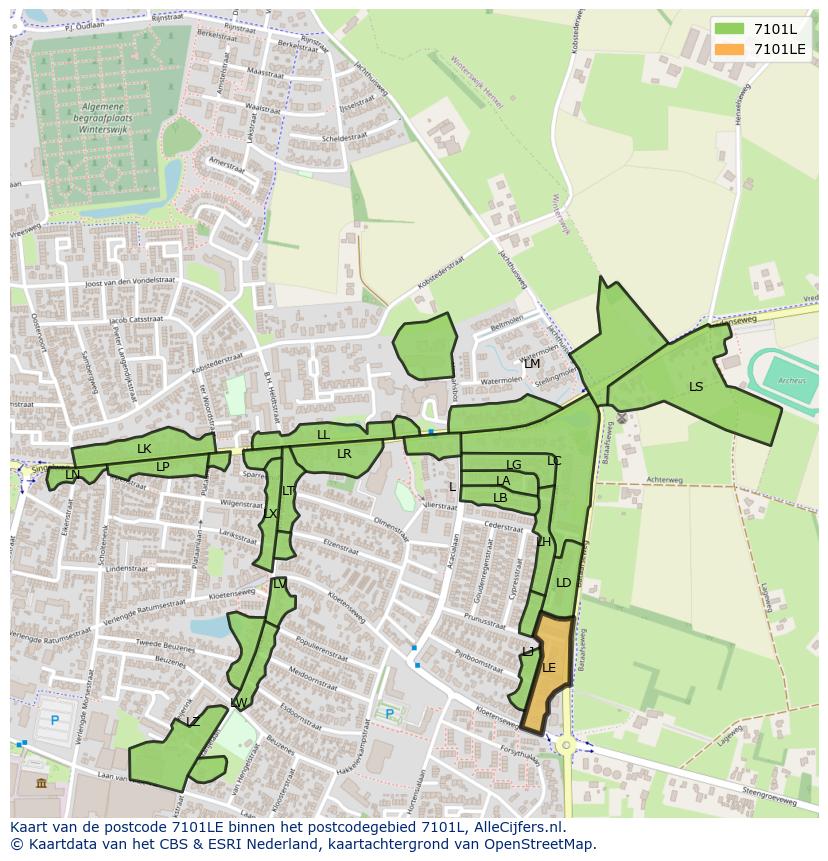 Afbeelding van het postcodegebied 7101 LE op de kaart.