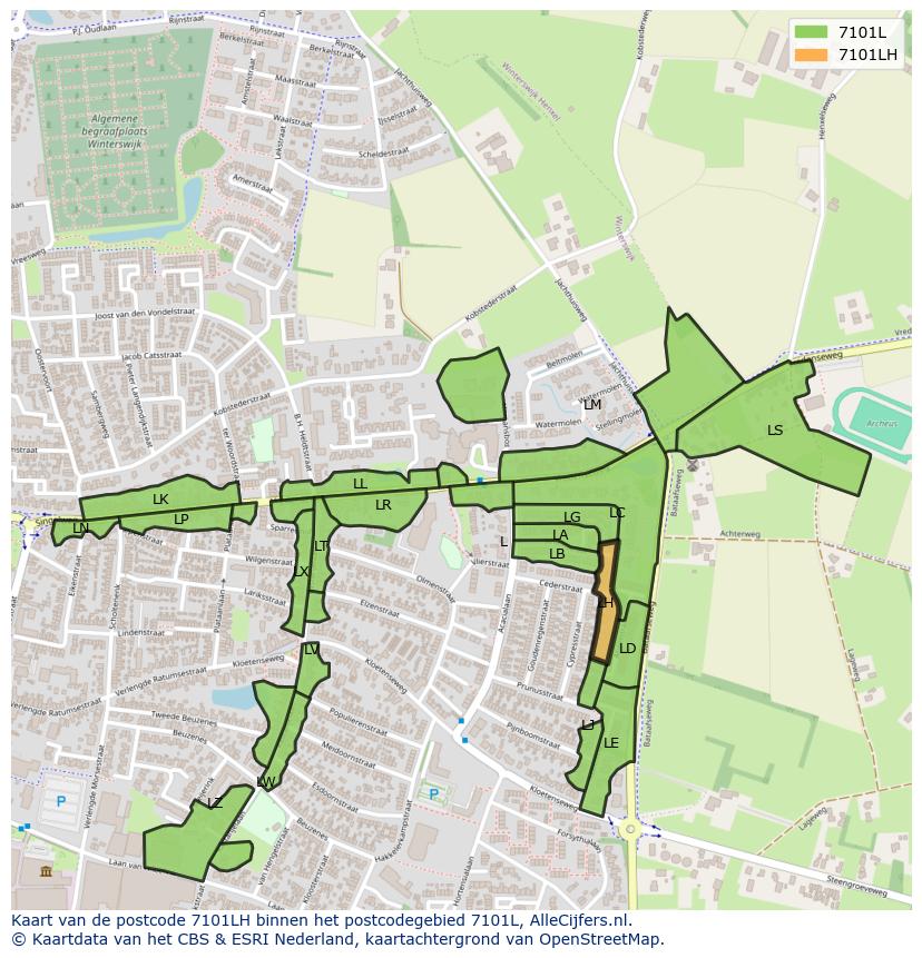 Afbeelding van het postcodegebied 7101 LH op de kaart.