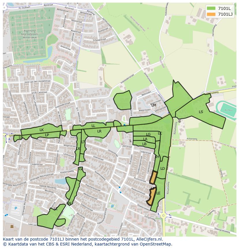 Afbeelding van het postcodegebied 7101 LJ op de kaart.