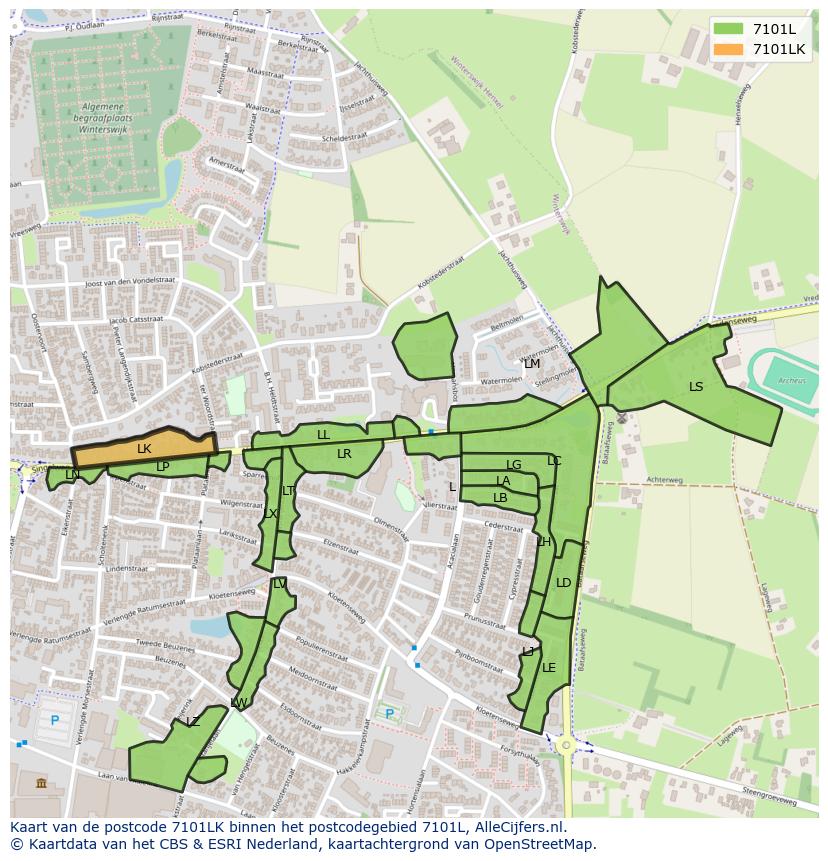 Afbeelding van het postcodegebied 7101 LK op de kaart.