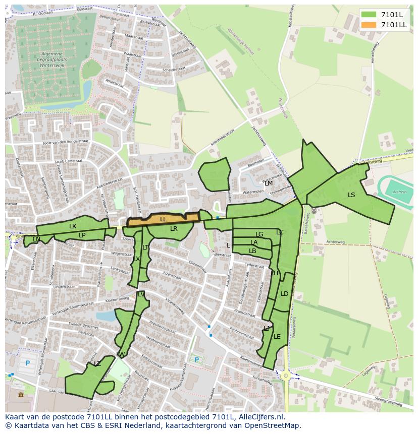 Afbeelding van het postcodegebied 7101 LL op de kaart.