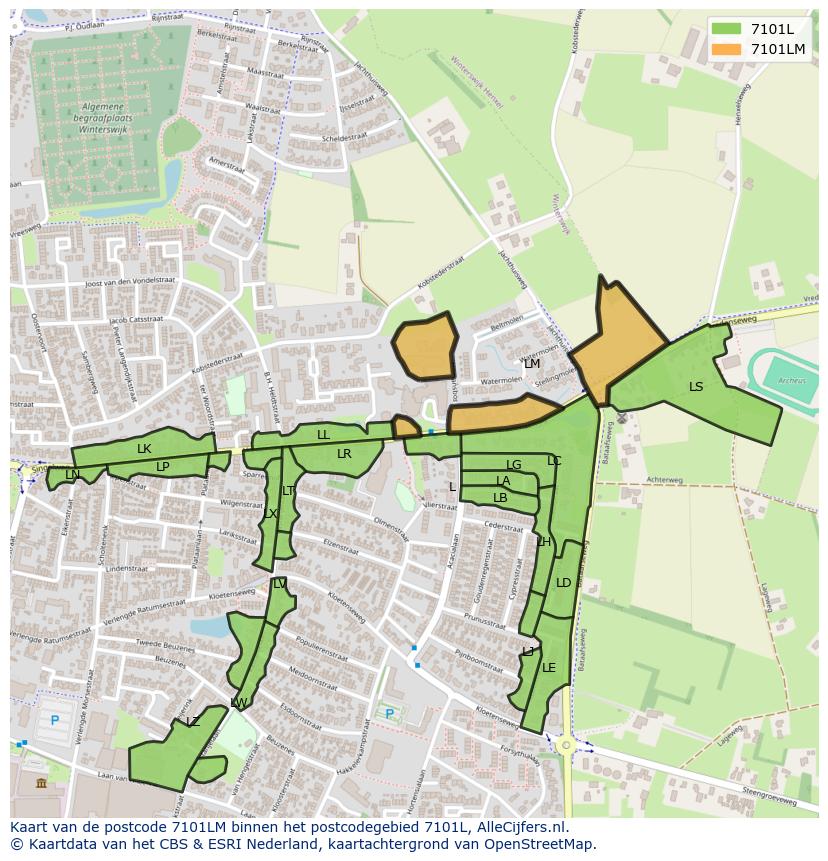 Afbeelding van het postcodegebied 7101 LM op de kaart.