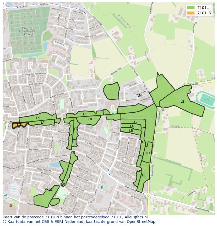 Afbeelding van het postcodegebied 7101 LN op de kaart.