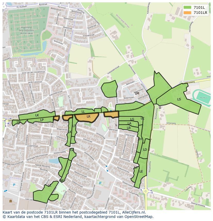 Afbeelding van het postcodegebied 7101 LR op de kaart.
