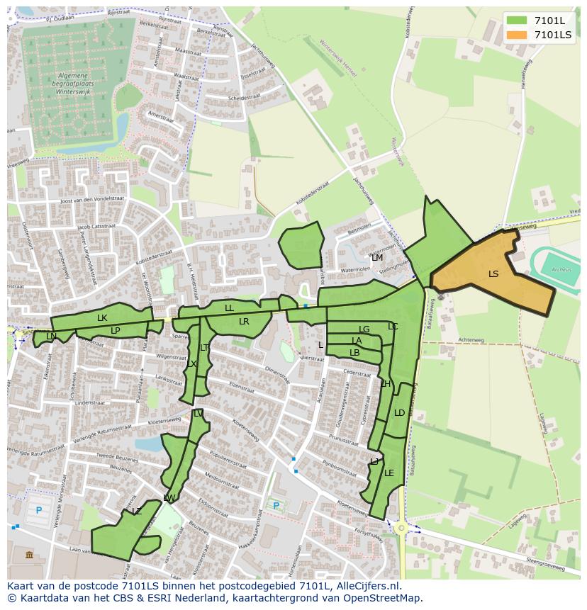 Afbeelding van het postcodegebied 7101 LS op de kaart.