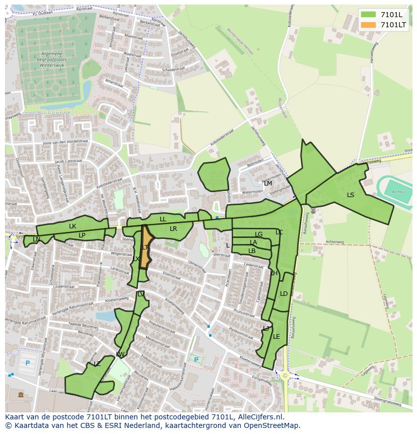 Afbeelding van het postcodegebied 7101 LT op de kaart.
