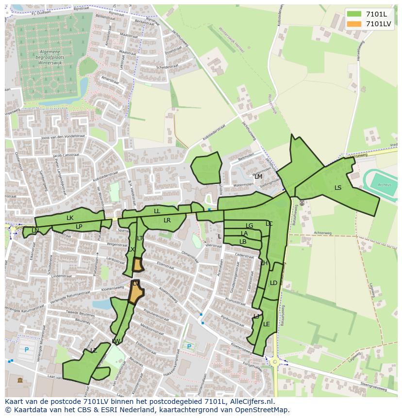 Afbeelding van het postcodegebied 7101 LV op de kaart.