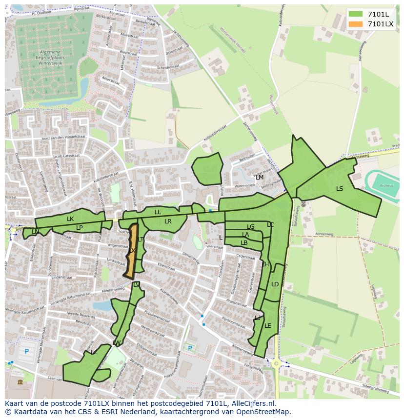 Afbeelding van het postcodegebied 7101 LX op de kaart.