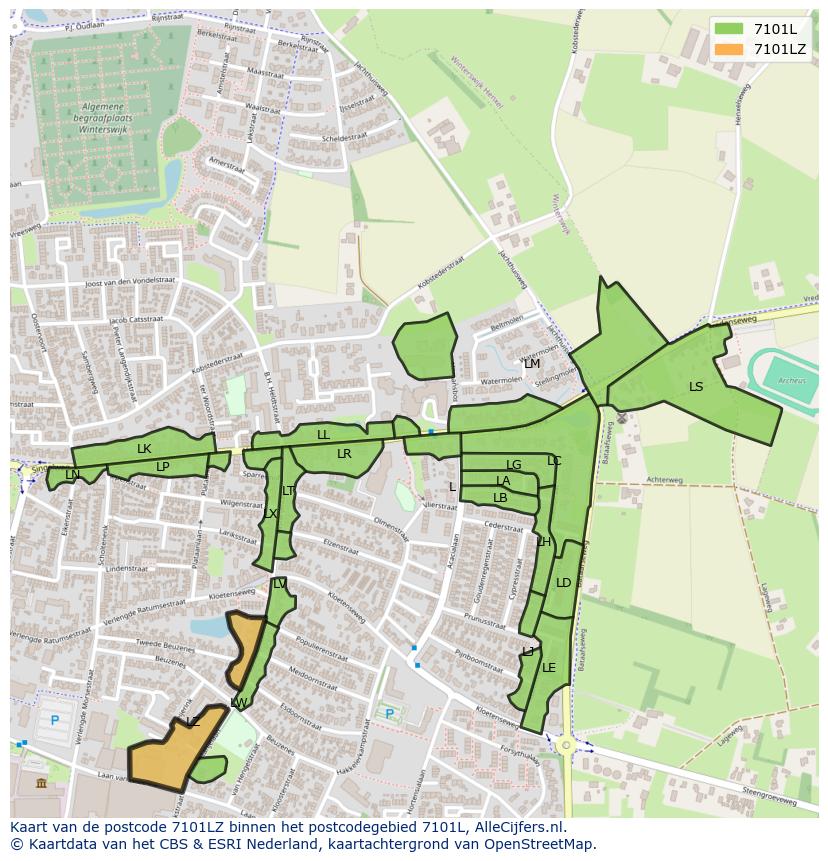 Afbeelding van het postcodegebied 7101 LZ op de kaart.