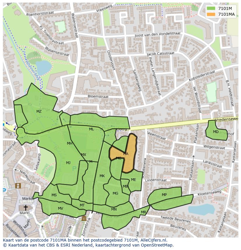 Afbeelding van het postcodegebied 7101 MA op de kaart.
