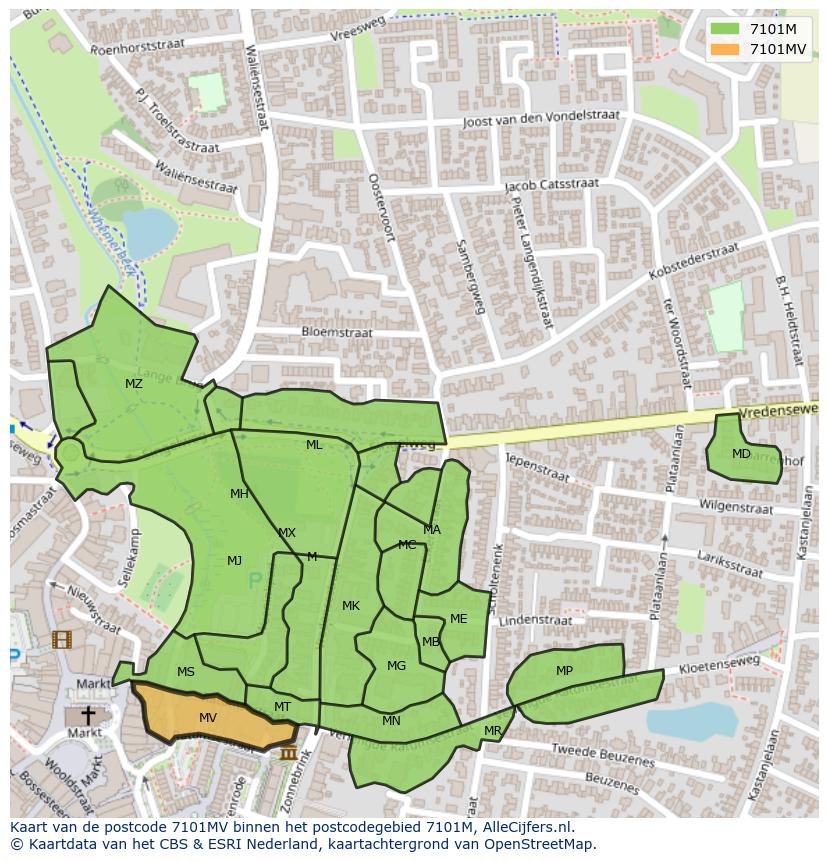 Afbeelding van het postcodegebied 7101 MV op de kaart.
