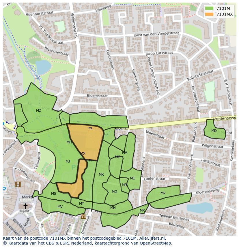 Afbeelding van het postcodegebied 7101 MX op de kaart.