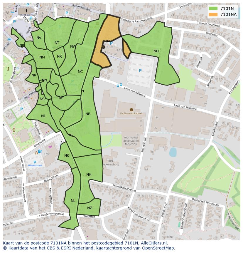 Afbeelding van het postcodegebied 7101 NA op de kaart.