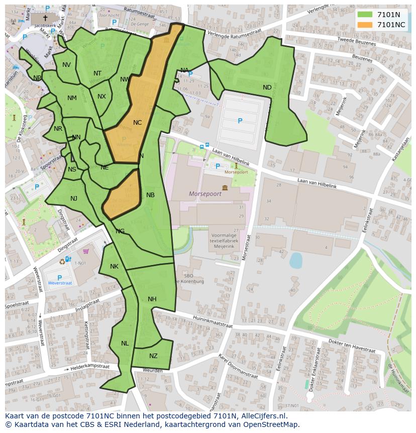 Afbeelding van het postcodegebied 7101 NC op de kaart.