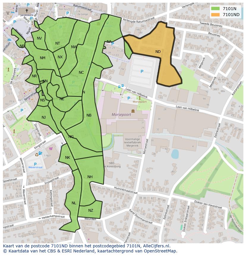Afbeelding van het postcodegebied 7101 ND op de kaart.