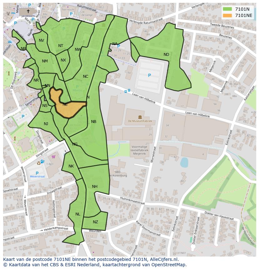 Afbeelding van het postcodegebied 7101 NE op de kaart.