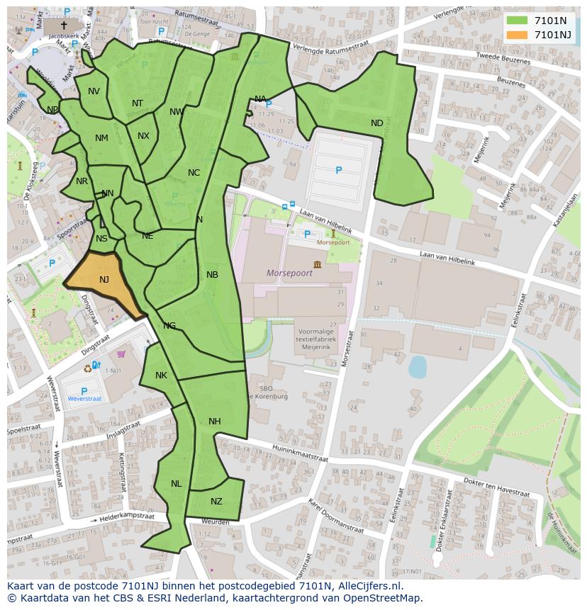 Afbeelding van het postcodegebied 7101 NJ op de kaart.