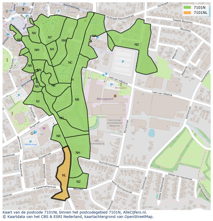 Afbeelding van het postcodegebied 7101 NL op de kaart.