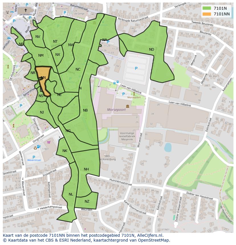 Afbeelding van het postcodegebied 7101 NN op de kaart.