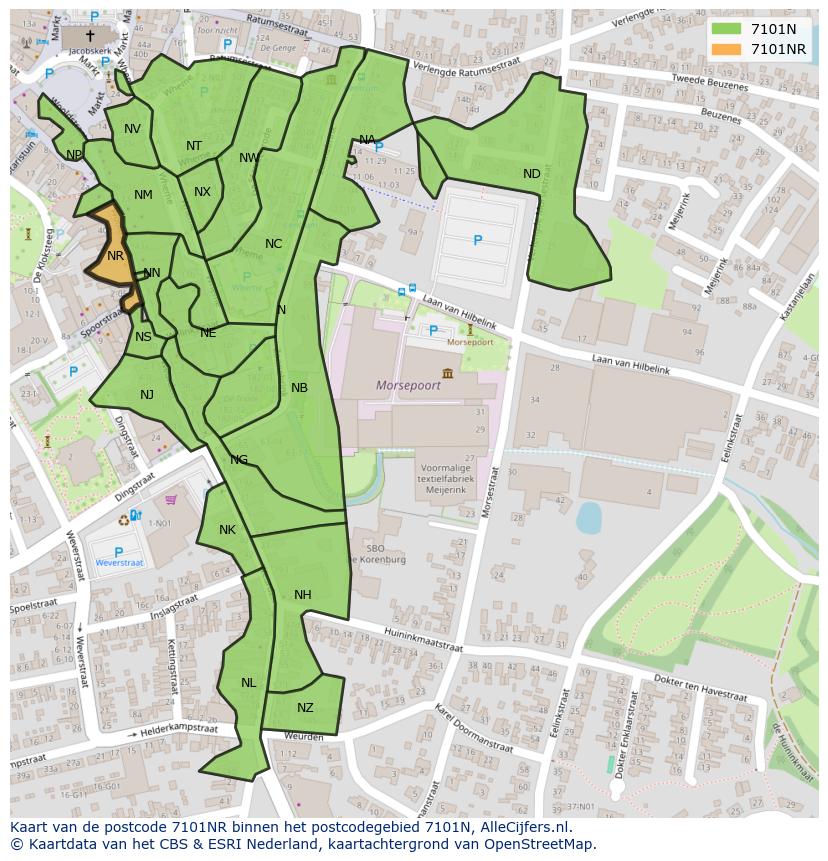 Afbeelding van het postcodegebied 7101 NR op de kaart.