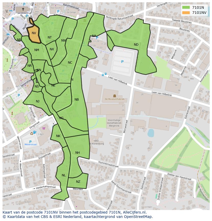 Afbeelding van het postcodegebied 7101 NV op de kaart.