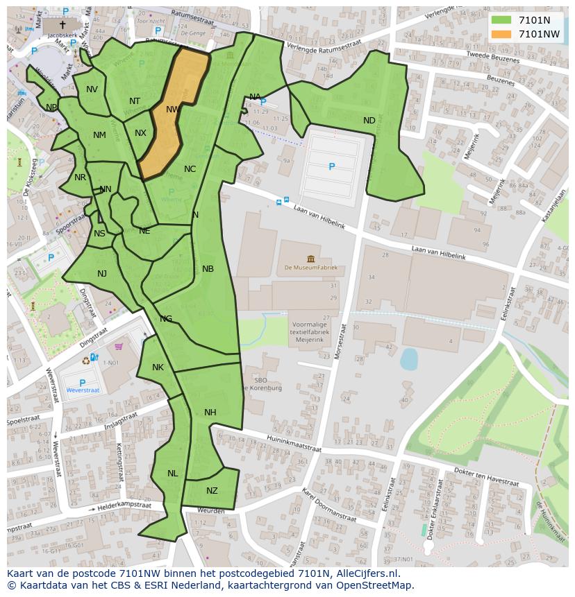Afbeelding van het postcodegebied 7101 NW op de kaart.