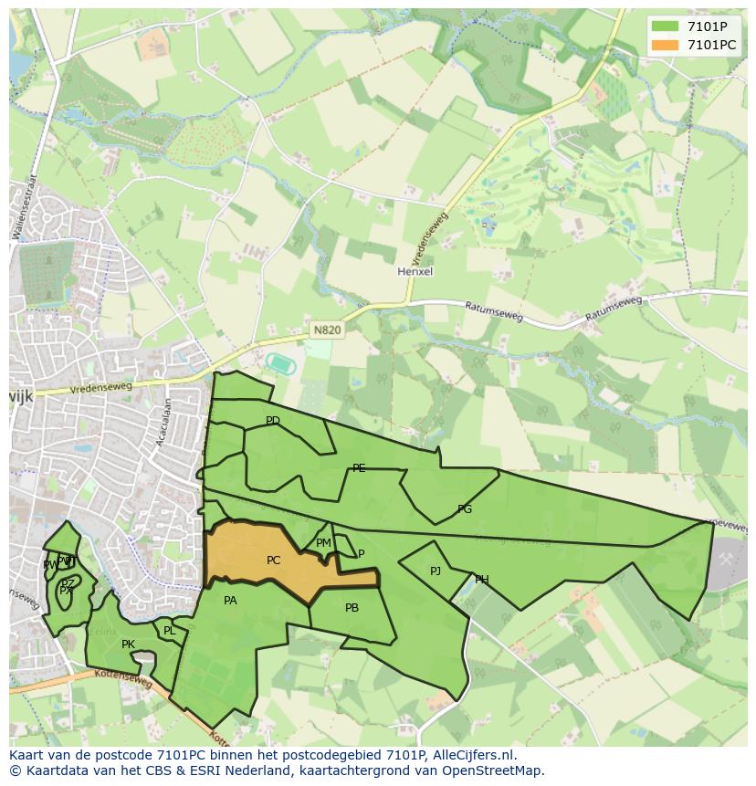 Afbeelding van het postcodegebied 7101 PC op de kaart.