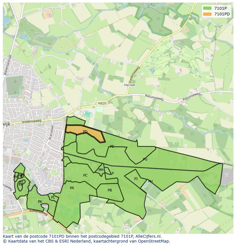 Afbeelding van het postcodegebied 7101 PD op de kaart.