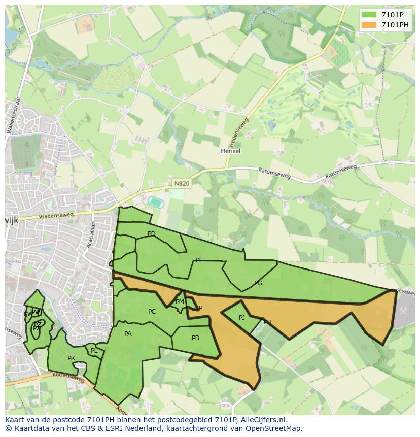 Afbeelding van het postcodegebied 7101 PH op de kaart.