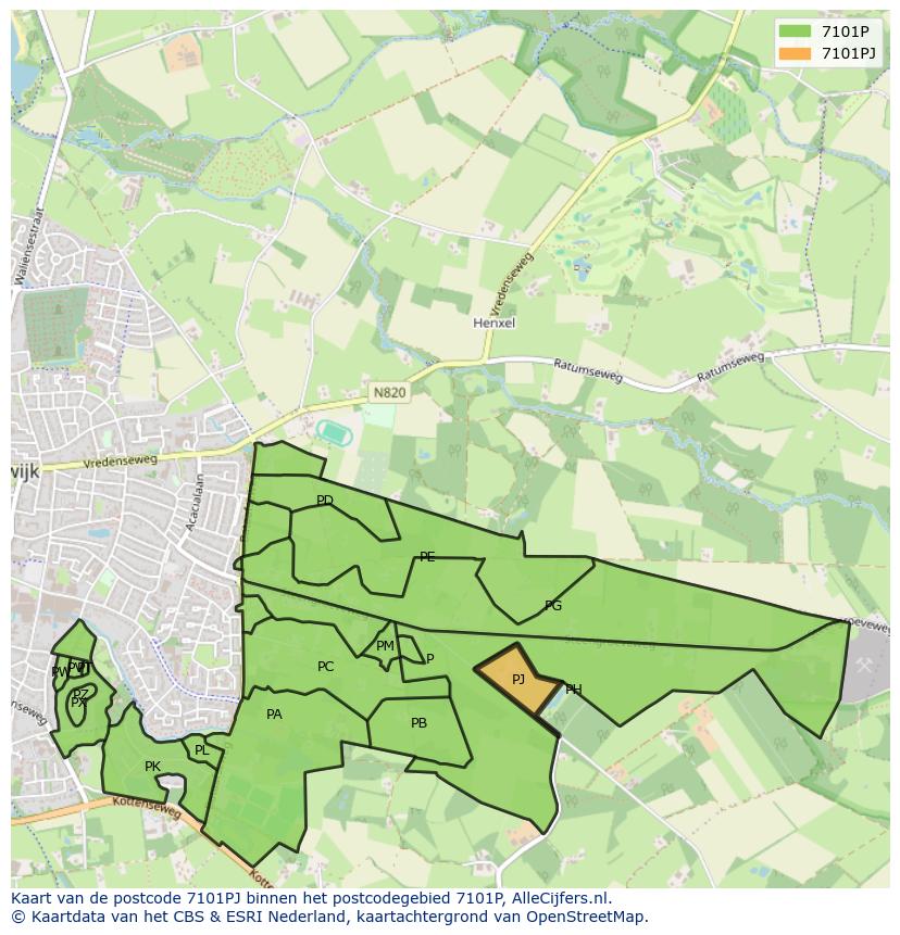 Afbeelding van het postcodegebied 7101 PJ op de kaart.