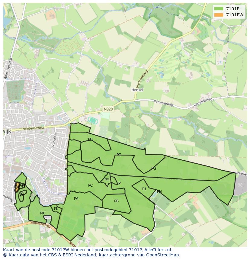 Afbeelding van het postcodegebied 7101 PW op de kaart.