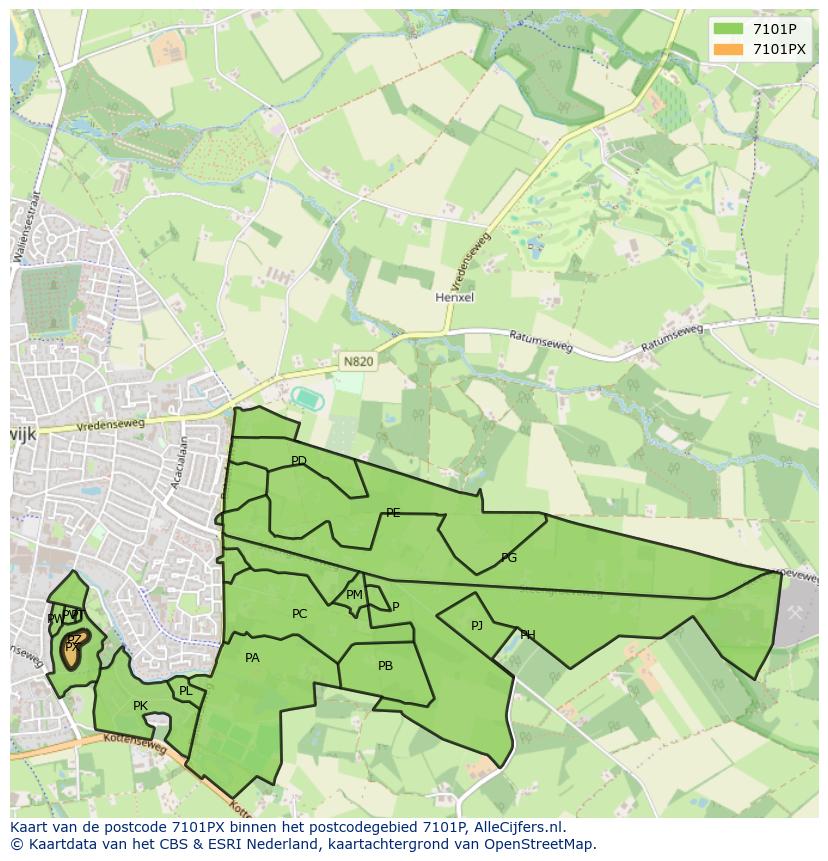 Afbeelding van het postcodegebied 7101 PX op de kaart.